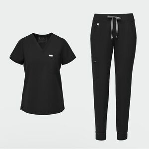 Black FIGS Zamora Jogger Scrub Pants & Catarina Top SET Size MED- Regular